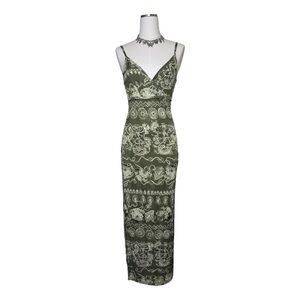 Y2K 579 Green Boho Maxi Slit V Neck Dress Size Extra Small